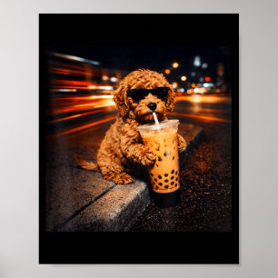 Poster Goldendoodle drôle buvant du café glacé mème anima