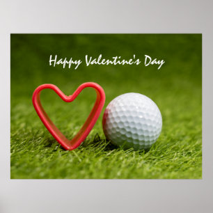 Poster Golf Saint Valentin avec balle de golf et coeur ro