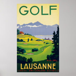 Poster Golf vintage Lausanne City Lac Suisse