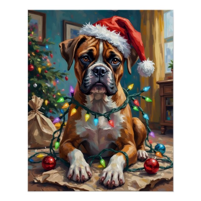 Poster Goofy Boxer Dog Tangled in Christmas Lights (Devant)