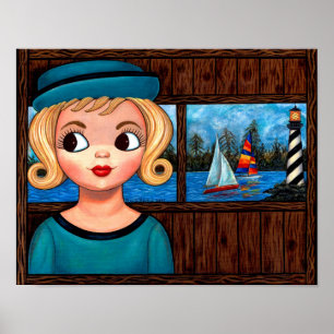 Poster Googly Girl Sailor Head Vase Lighthouse Voilier