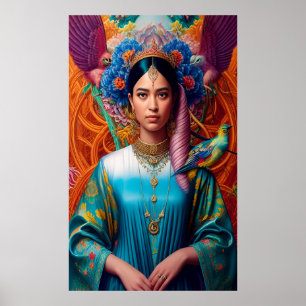 Poster Gorgeous Asian princess with birds