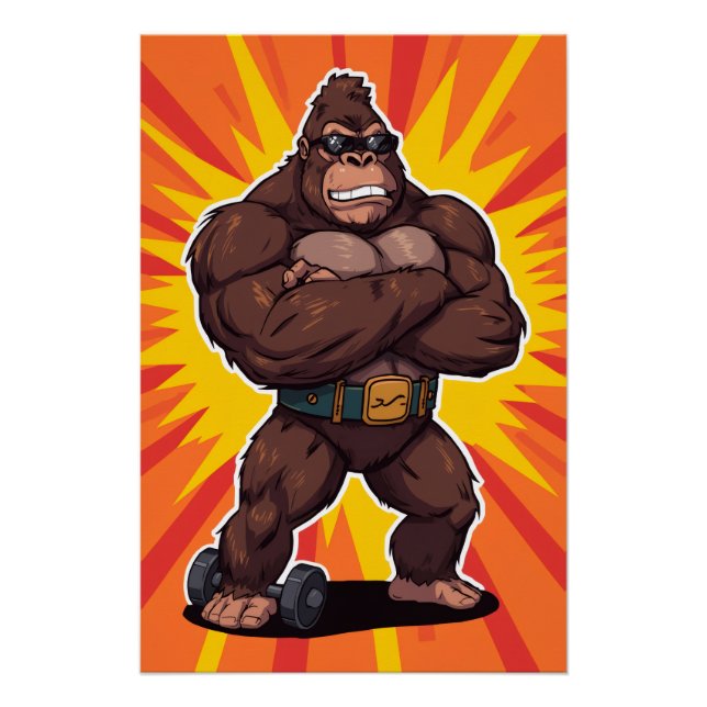 Poster Gorilla Bodybuilder Weight Lifter Pop Art Cartoon (Devant)