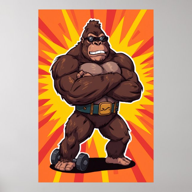 Poster Gorilla Bodybuilder Weight Lifter Pop Art Cartoon (Devant)