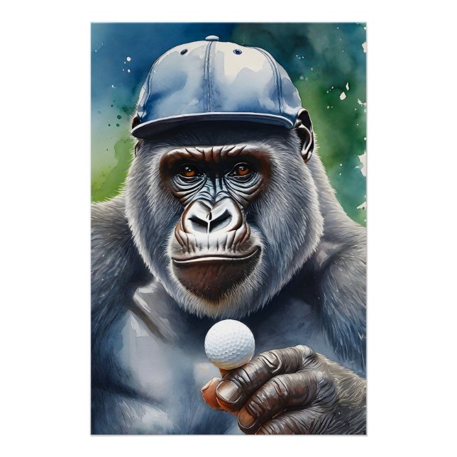 Poster Gorilla dans un Casquette de baseball jouer au gol (Devant)