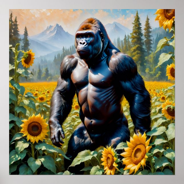 Poster Gorille Ape Dans Un Champ De Tournesol (Devant)