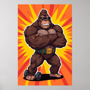 Poster Gorille Bodybuilder Haltérophile Pop Art Cartoon