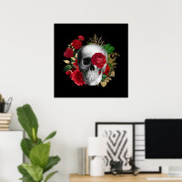 Goth Crâne avec Fleurs rouges et Feuilles d'or