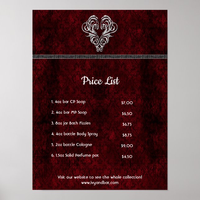 Poster Goth Red Silver Heart Damask (Devant)