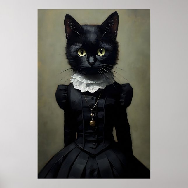 Poster Gothic Black Cat In Dress Print, Dark Academia (Devant)