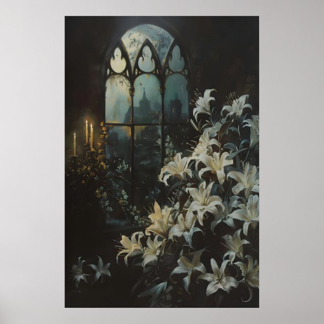 Poster Gothic Lilies Flowers Candlelight Castle Art, Dark (Devant)