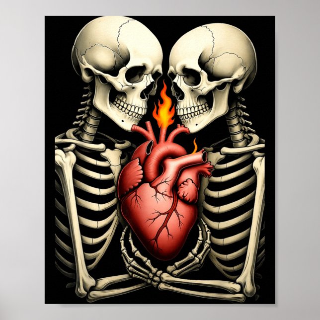 Poster Gothic Skull Couple Flaming Heart Dark Romance Sty (Devant)