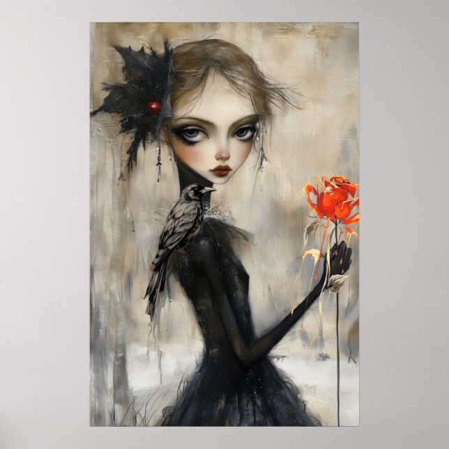 Poster Gothique fille Corbeau Rose rouge (Devant)