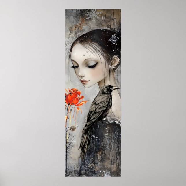 Poster Gothique fille Corbeau Rose rouge (Devant)