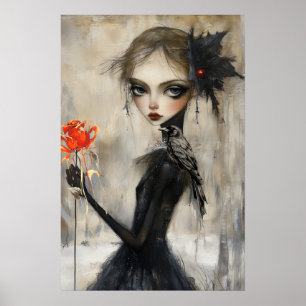 Poster Gothique fille Corbeau Rose rouge