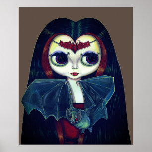 Poster Gothique fille vampire avec chauve-souris gros yeu