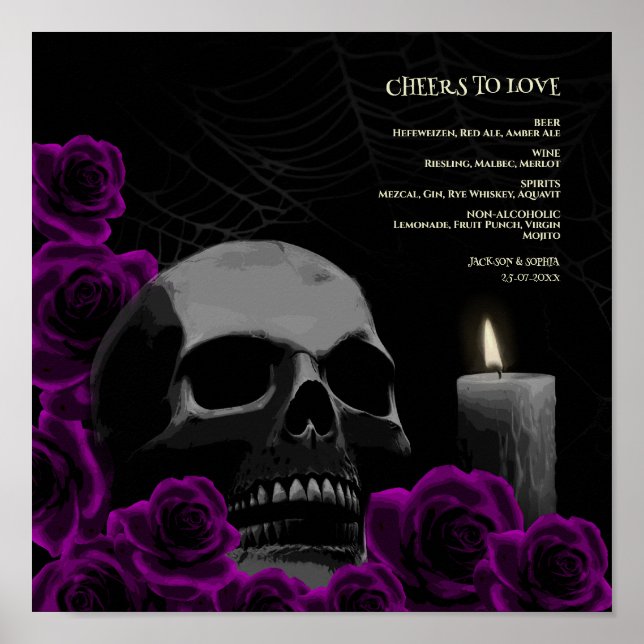 Poster Gothique Halloween Boissons Menu Signer Crâne Rose (Devant)