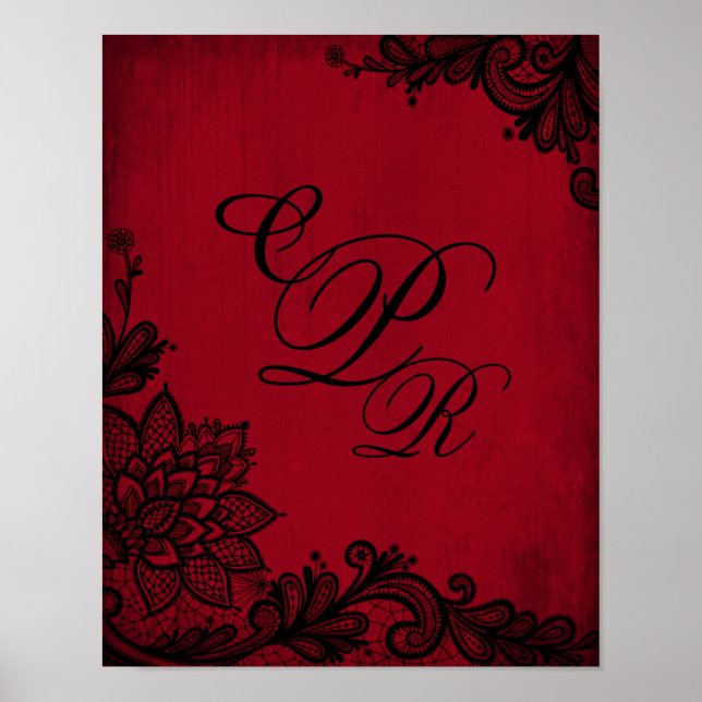 Poster Gothique Rouge Grunge Mariage Monogramme Broderie (Devant)