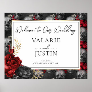 Poster Gothique Rouge Noir Floral Bienvenue Mariage en mo