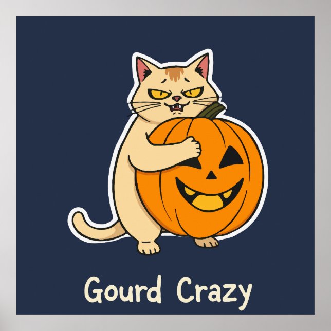 Poster Gourd Crazy Obsédée Chat Hugging Jack-o'-Lantern (Devant)