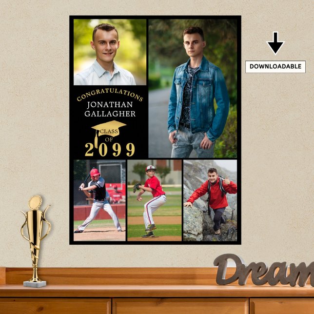 Poster Graduation 5 Photo Collage Black Gold Casquette (Créateur téléchargé)