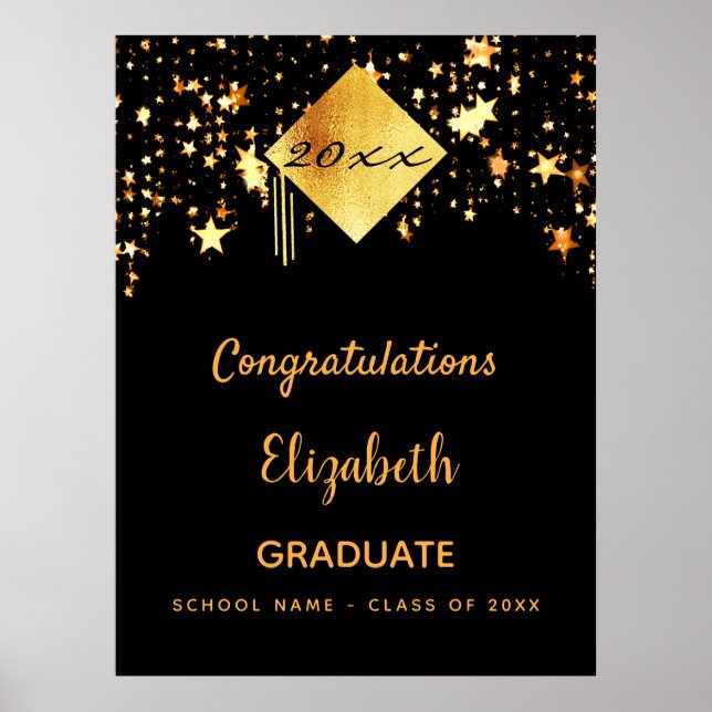 Poster Graduation fête noir étoiles d'or (Devant)