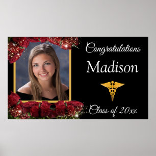 Poster Graduation Gold Caduceus Red Roses Sparkle