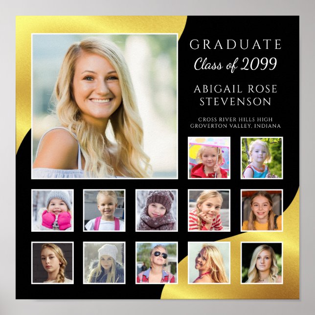 Poster Graduation K-12 Photo Collage Black Faux Gold Foil (Devant)