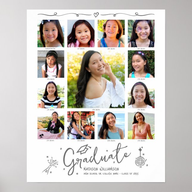 Poster Graduation K–12 Photo Collage Gray Doodles White (Devant)