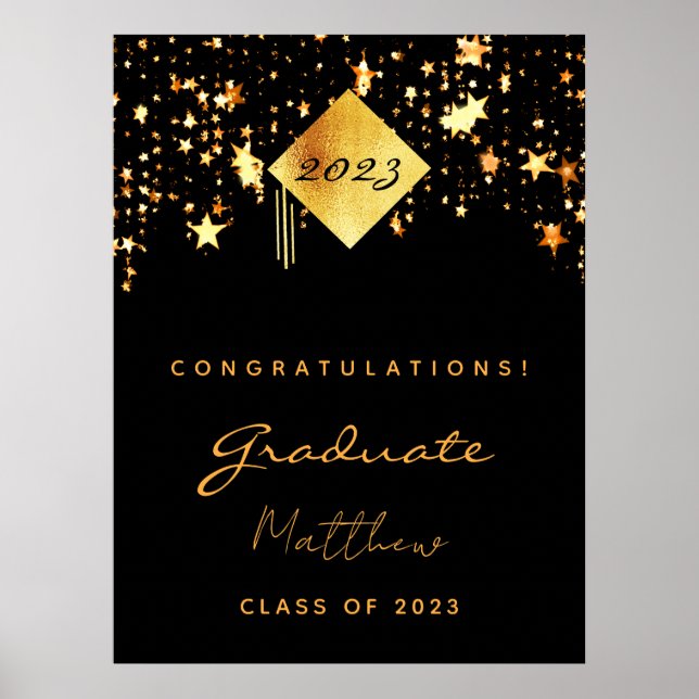 Poster Graduation party 2023 noir étoile or diplômé (Devant)