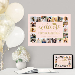 Poster Graduation Party Bienvenue Photo Collage rose pâle