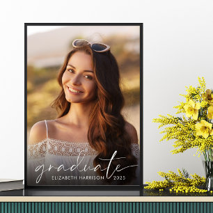 Poster Graduation Party Élégant blanc Script photo