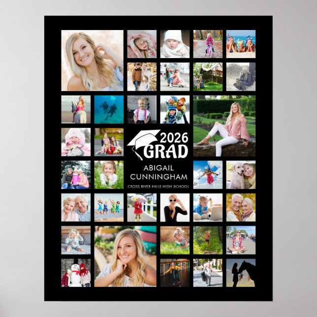 Poster Graduation Photo Collage GRAD Noir commémoratif (Devant)