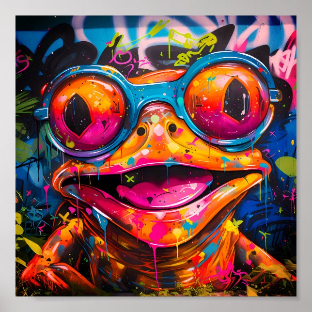 Poster Graffiti grenouille multicolore avec lunettes (Devant)
