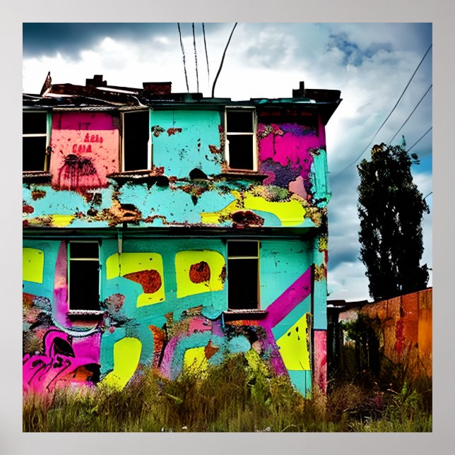 Poster Graffiti rose et Turquoise | Maison abandonnée (Devant)