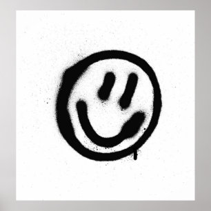 Poster graffiti visage souriant émoticon en noir sur blan