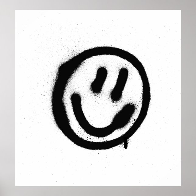 Poster graffiti visage souriant émoticon en noir sur blan (Devant)