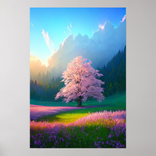 Poster Grand arbre en fleurs dans la vallée verte