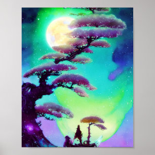 Poster Grand bonsaï violet et lune