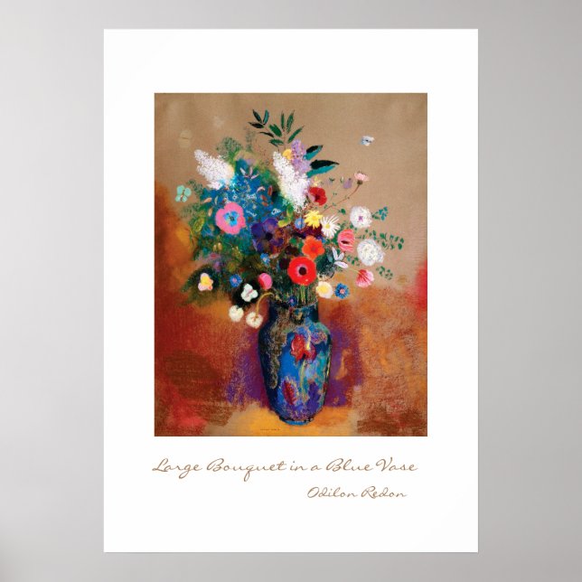 Poster Grand bouquet dans un vase bleu par Odilon Redon (Devant)