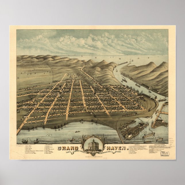 Poster Grand Haven Michigan 1874 Carte panoramique antiqu (Devant)