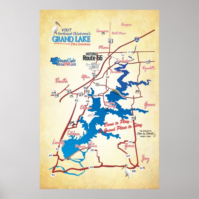 Poster Grand Lake OK road map -faun (Devant)