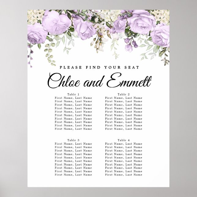 Poster Grand Mariage Floral violet à 4 tables (Devant)