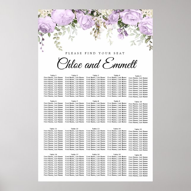 Poster Grand Mariage Floral violet de 20 tables (Devant)