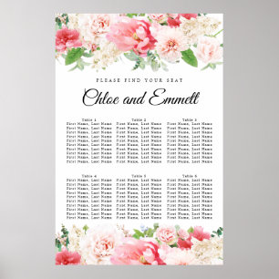 Poster Grand Mariage rose Floral 6 tables