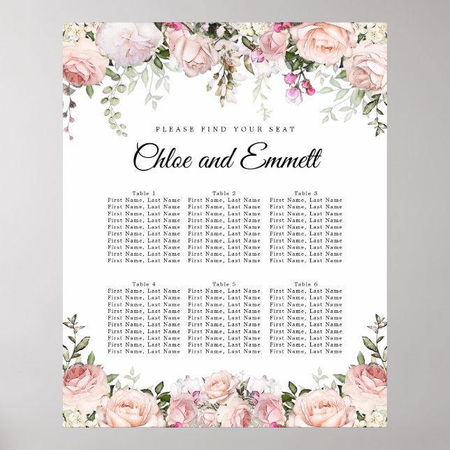 Poster Grand Mariage rose Floral 6 tables (Devant)