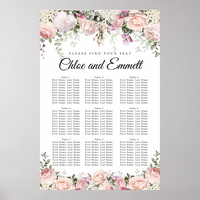 Poster Grand Mariage rose Floral à 9 tables (Devant)