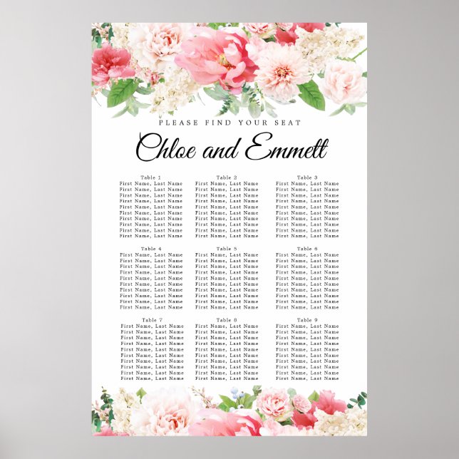 Poster Grand Mariage rose Floral à 9 tables (Devant)