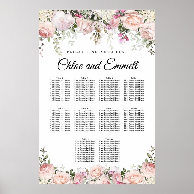Poster Grand Mariage rose Floral de 10 tables (Devant)