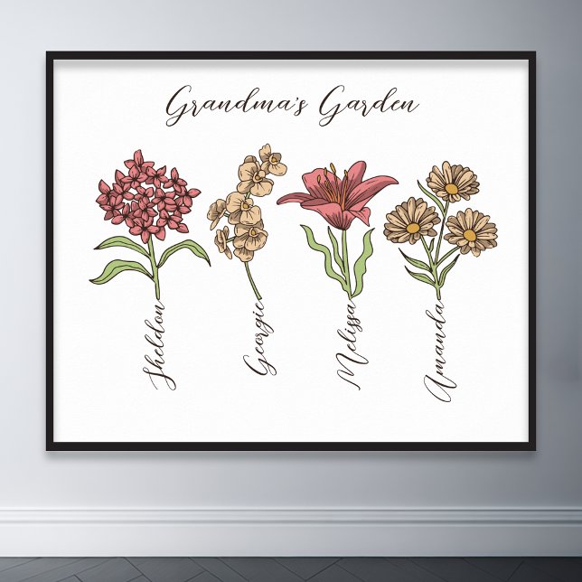 Poster Grand-mère's Garden Flower 4 Grandkids Nom Floral (grandma flower garden grandkids names floral poster)